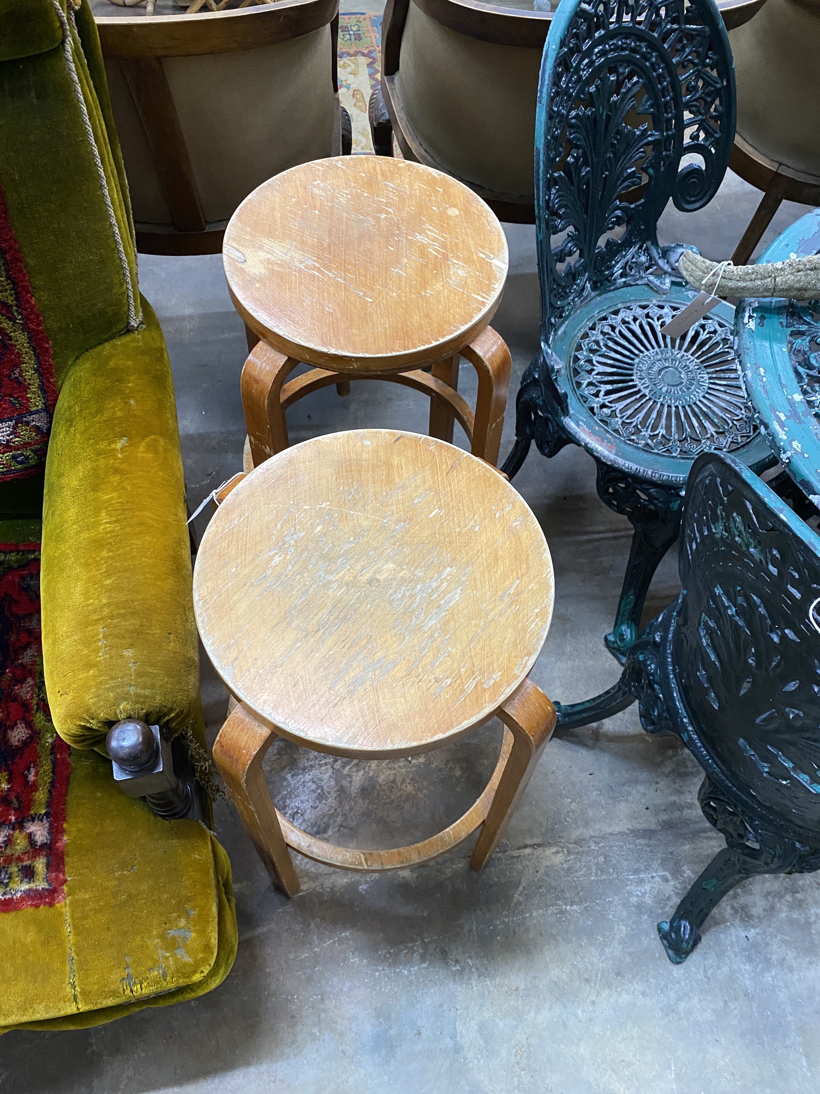 A pair of Alvar Aalto style bent ply bar stools, height 68cm